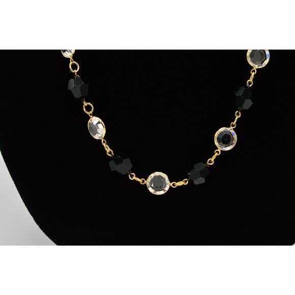 Austrian Crystal USA Vintage Necklace Open Bezel Clear Black Gold Signed 80s 9J - Picture 11 of 12
